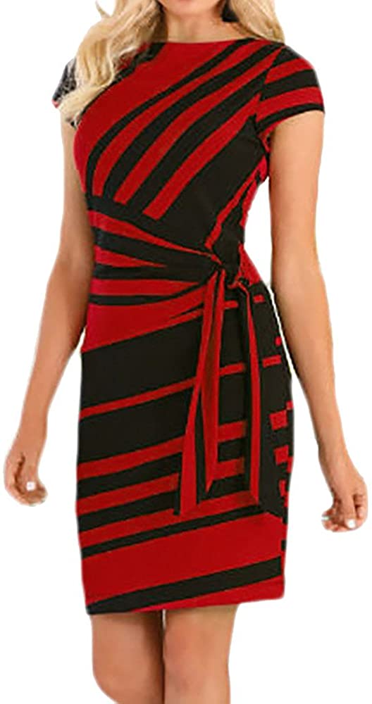 Price:$8.69 KASAAS Work Dresses for Women, Stripe Round Neck Cap Sleeve Tie Waist Fashion Office Summer Slim Pencil Mini Dress at Amazon Women’s Clothing store