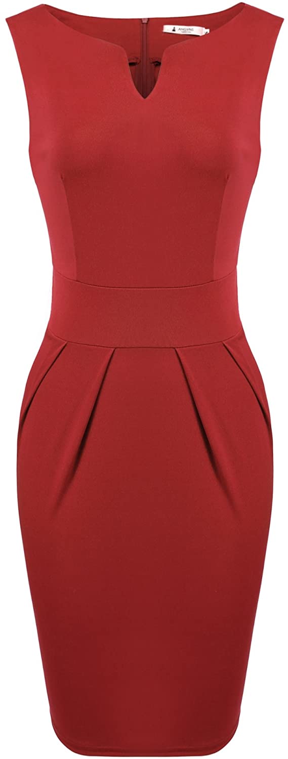 Price:$24.99    ANGVNS Women Vintage Sleeveless V Neck Elegant Pleated Cocktail Pencil Dress, Red, XL  Clothing