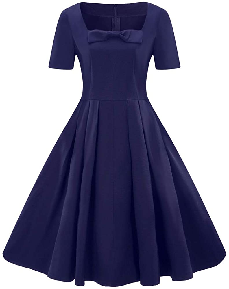 Price:$29.49 Alough Women's Plus Size Short Sleeve Vintage Dress Solid Bow Tie Retro Flare Dress at Amazon Women’s Clothing store