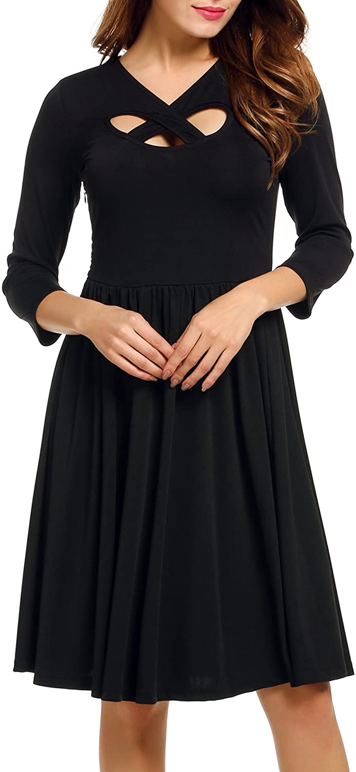 Price:$31.99    ACEVOG Women's Cross Neck Cut Out 3/4 Sleeve Fit and Flare Party Pleated Dress  Clothing