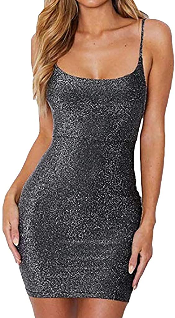 Price:$4.82    Seaintheson Women Dresses, Women's Spagetti Strap Lace Up Backless Bodycon Glitter Cocktail Party Prom Mini Dress  Clothing