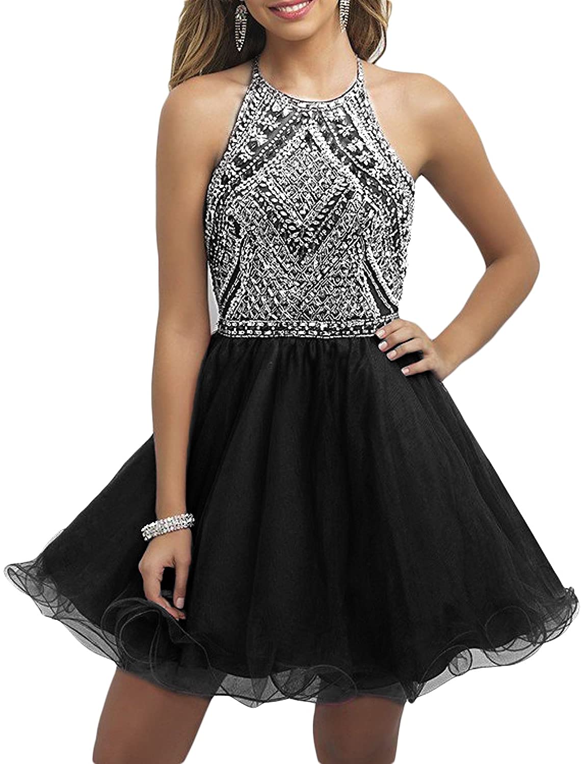 Price:$74.99    OYISHA Women's Short Tulle Halter Prom Homecoming Dress Beaded A-Line Cocktail Party Dress 79HC  Clothing