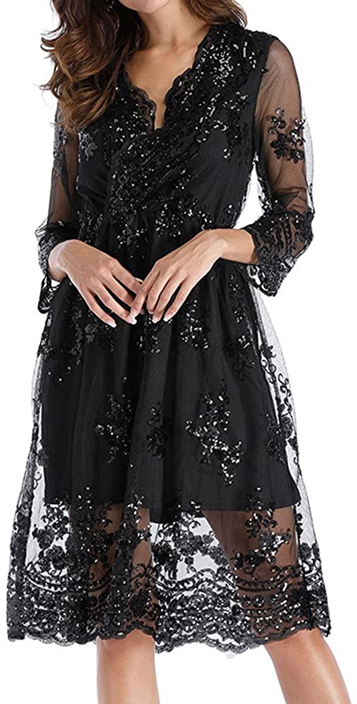 Price:$0.00 Huazi2 Women Double Layer Long Sleeve Sequins Glitter Deep-V Collar Dress at Amazon Women’s Clothing store