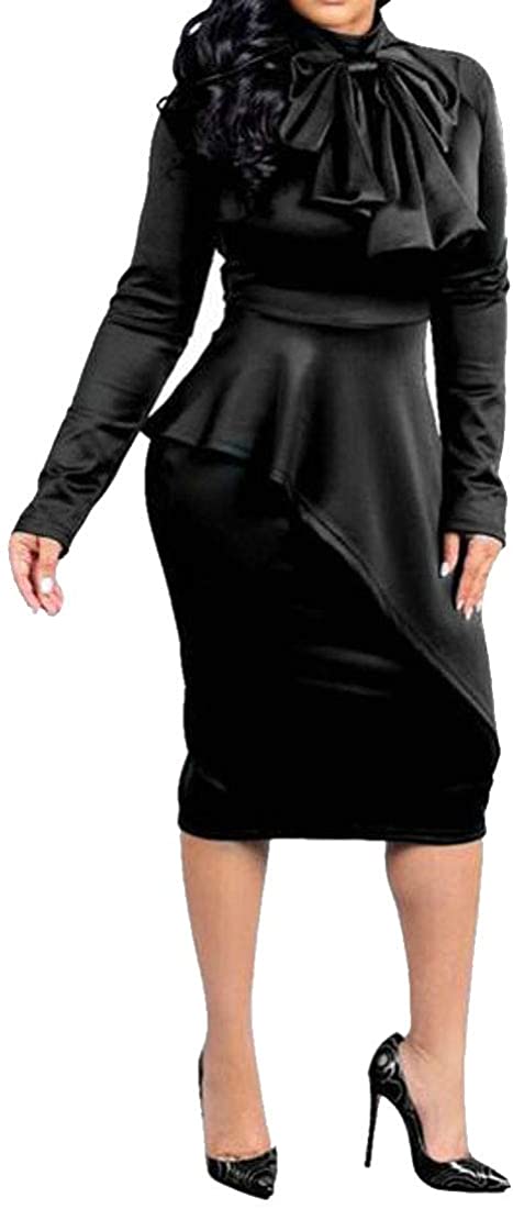 Price:$18.13 ARTFFEL Womens Long Sleeve Solid Bowknot Bodycon Slim Cocktail Party Midi Dress at Amazon Women’s Clothing store