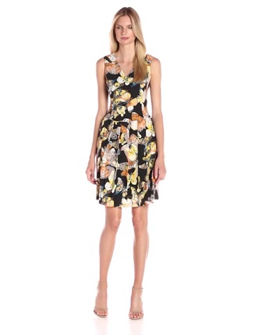 Price:$114.72    NINE WEST Women's Sleeveless V-Neck Drop-Waist Dress with Pleated Skirt, Canary Multi, 10  Clothing
