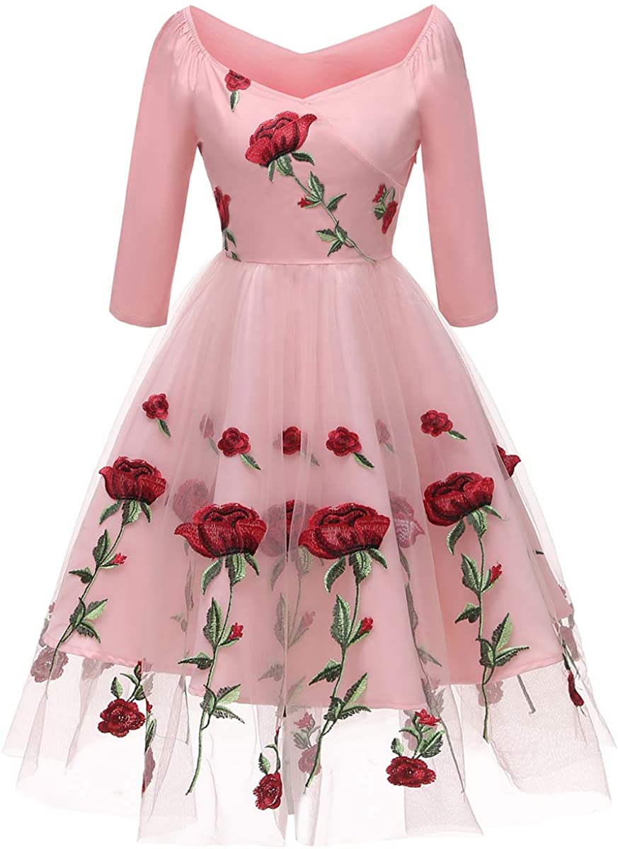 Price:$17.86 Women Valentine’s Day Dresses Vintage Embroidery Rose Flower Wedding Cocktail Evening Party Tulle Ball Gown Swing Dress at Amazon Women’s Clothing store