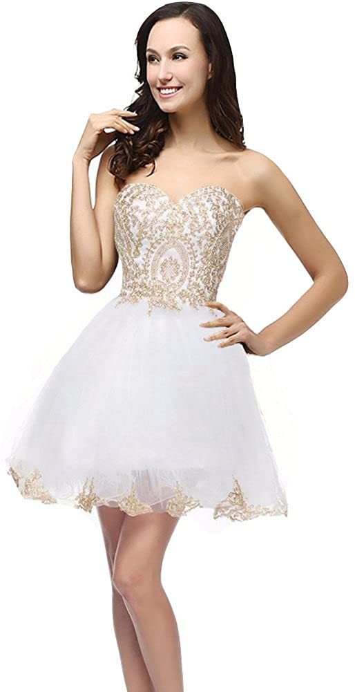 Price:$96.99    Kivary Gold Lace Crystals Short Tulle Corset Prom Homecoming Cocktail Dresses  Clothing