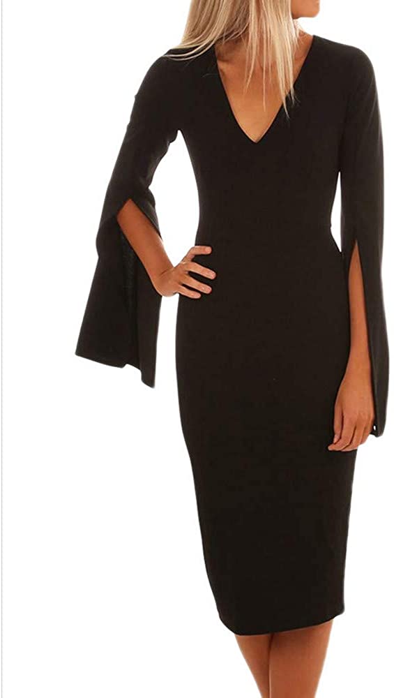 Price:$7.79 Gergeos Womens Solid V-Neck Flare Sleeve Skinny Slim Party Cocktail Dress Sexy Empire Dress at Amazon Women’s Clothing store