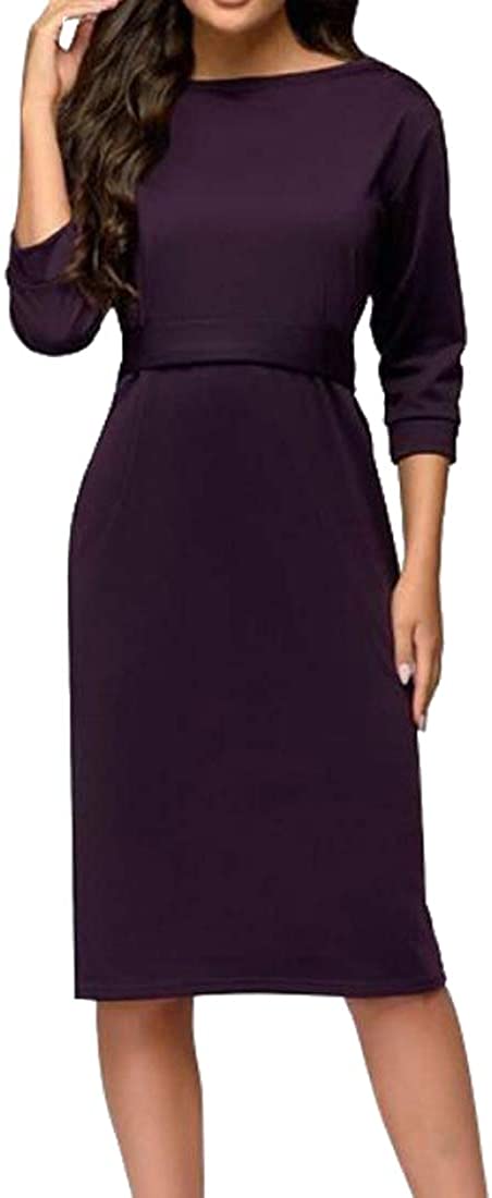 Price:$8.38 ARTFFEL Women Belted 1/2 Sleeve Bodycon Slim Pure Color Work Party Midi Pencil Dress at Amazon Women’s Clothing store