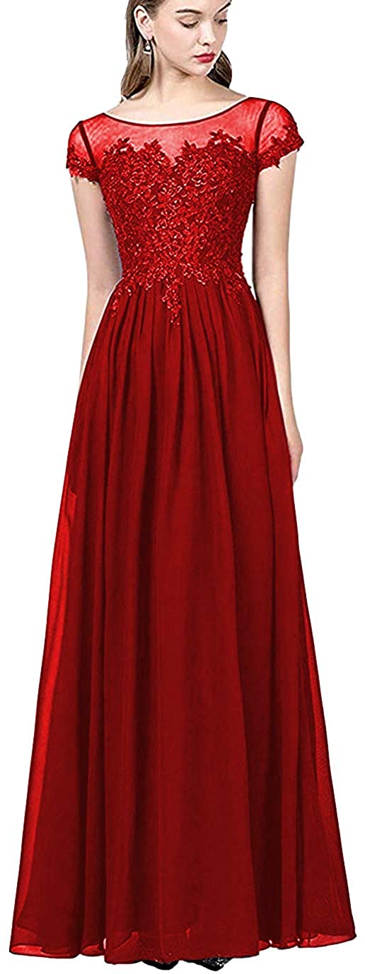 Price:$79.99 Women Long Lace O-Neck Formal Evening Dresses Short Sleeve Beaded Appliques Prom Party Maix Gown at Amazon Women’s Clothing store