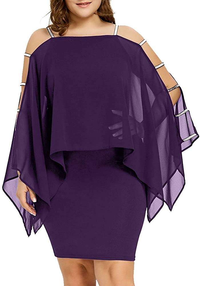 Price:$11.49    iLUGU Delicate Knee-Length Dress For Women Sleeveless Off Shoulder Plus Size Ladder Cut Overlay Asymmetric Chiffon Strapless  Clothing