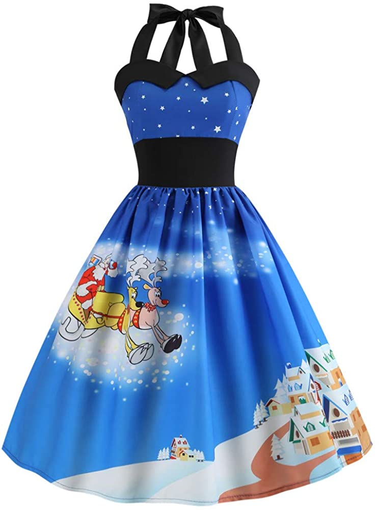 Price:$9.50 Mlide Halter Sleeveless Dress, Women Vintage Christmas Printed Evening Party Prom Swing Dress at Amazon Women’s Clothing store