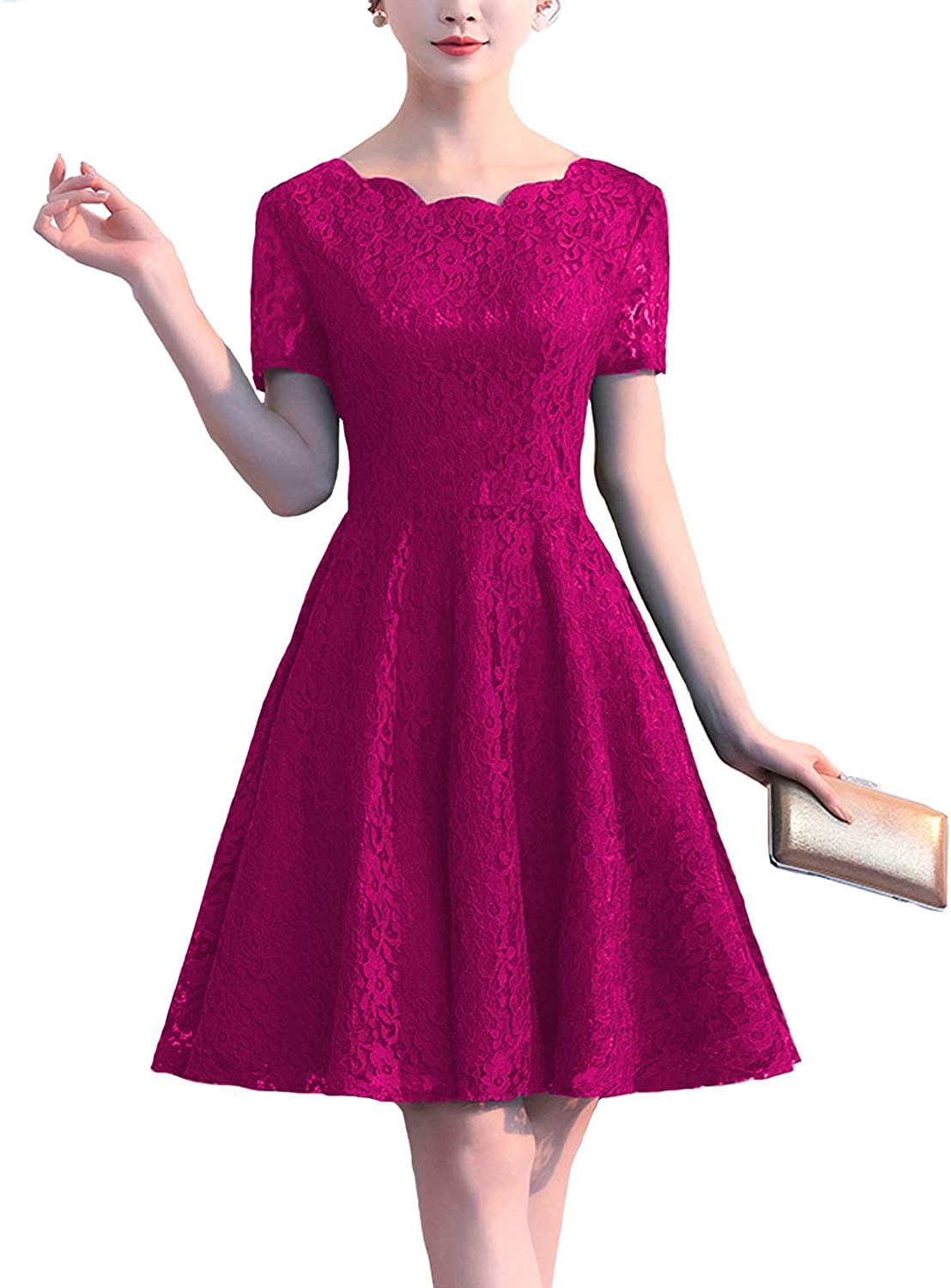 Price:$79.99 Fair Lady Elegant Lace Wedding Party Dress Short Sleeves Knee Length Bridesmaid Dresses at Amazon Women’s Clothing store