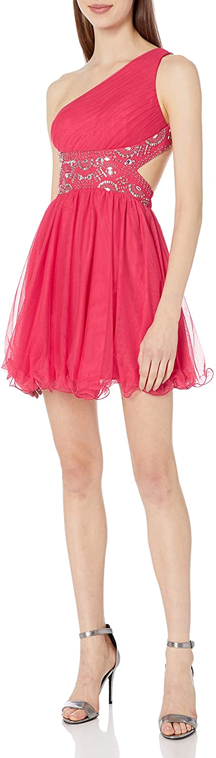 Price:$109.65    Blondie Nites Junior's Asymmetry Short Prom Dress with Mesh Skirt  Clothing