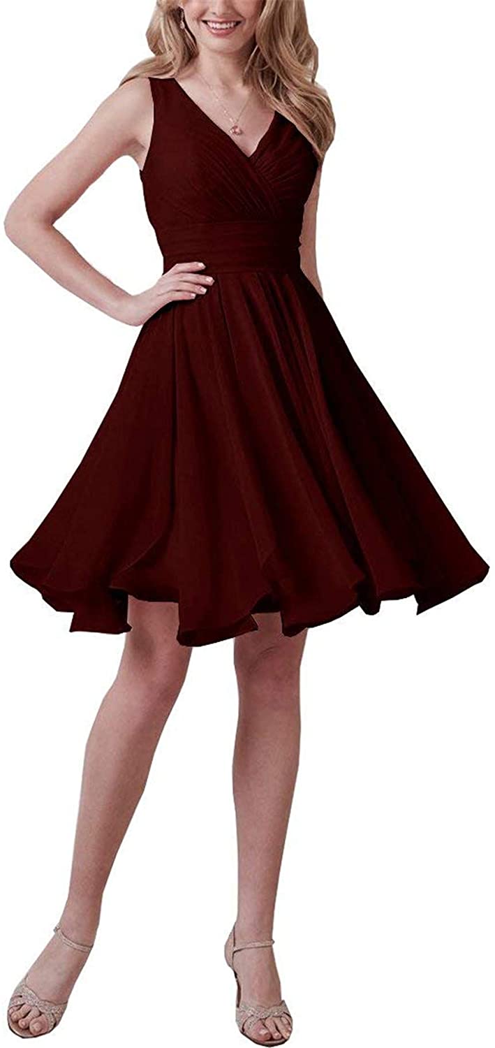 Price:$0.00    A Line Dress for Homecoming Formal Chiffon V Neck Pleated Short Bridesmaid Dress  Clothing
