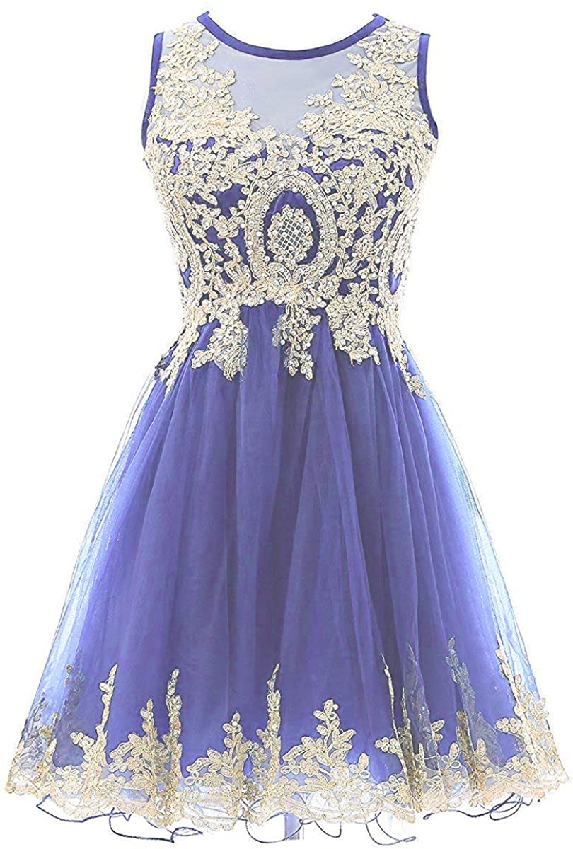 Price:$59.00 Icy Sun Women's Short Gold Lace Appliques Homecoming Dresses A Line Beading Prom Party Gowns ICY030 at Amazon Women’s Clothing store