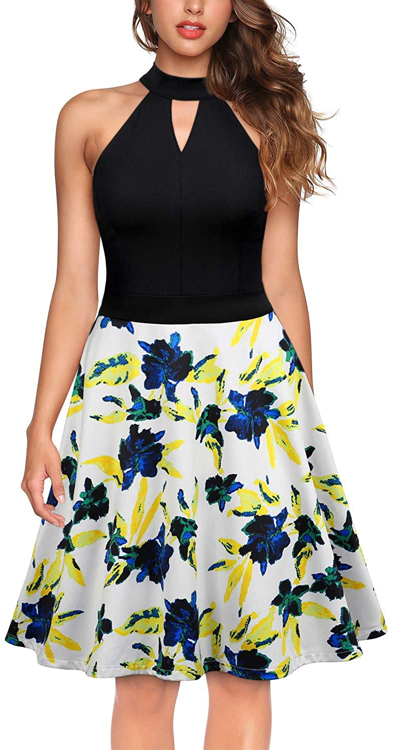 Price:$19.99    Knitee Women's Halter Neck Off The Shoulder Vintage Cocktail Party Fit and Flare Floral Dress  Clothing