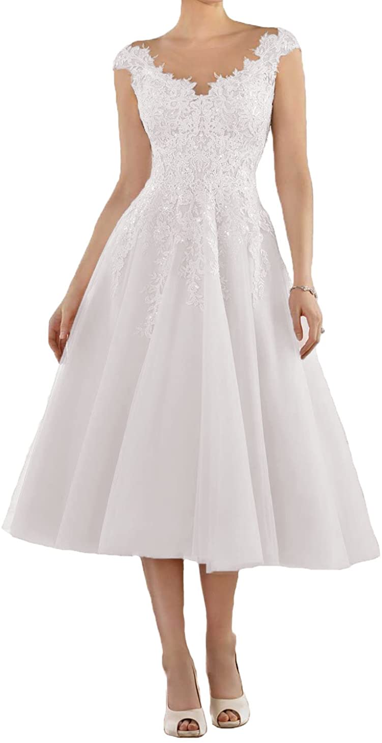 Price:$0.00 Graceprom Women's Ilusion Lace Appliques Tea Length Ball Gown Wedding Dresses for Bride at Amazon Women’s Clothing store