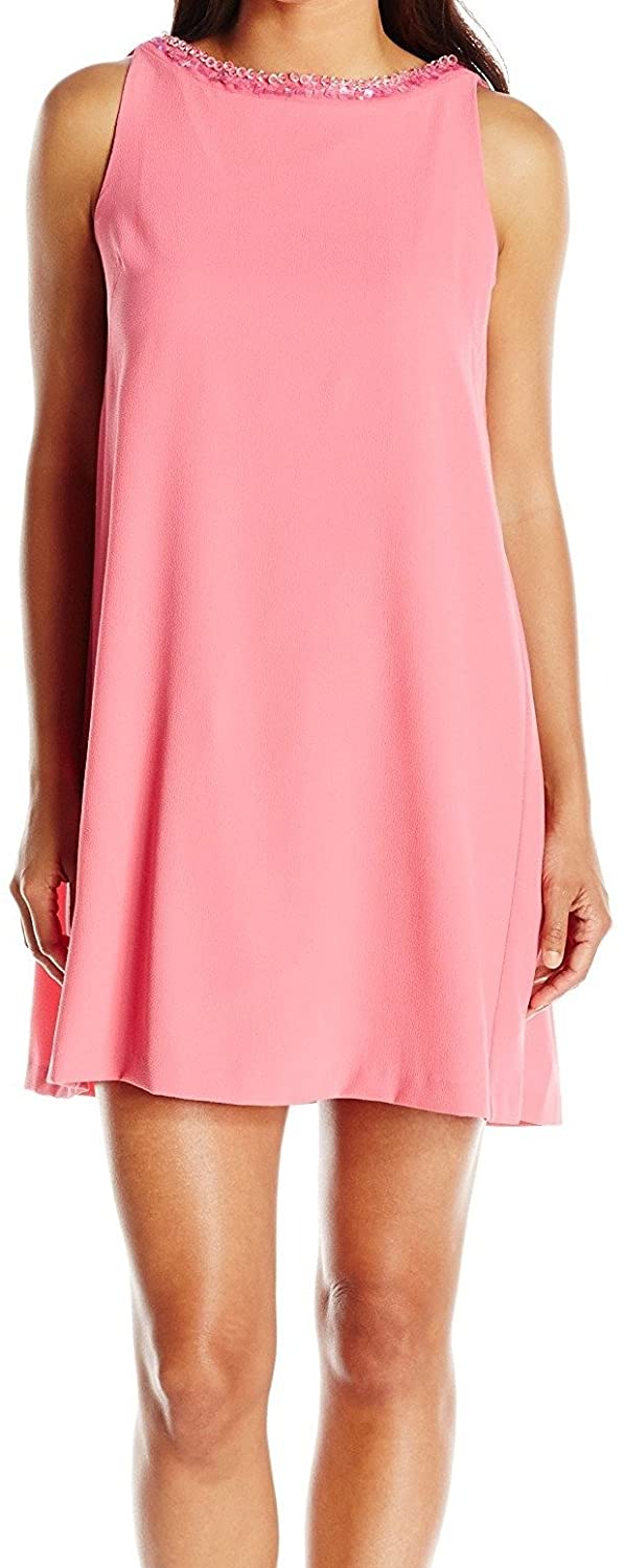 Price:$98.89    London Times Women's Petite Beaded Neck Crepe Shift Dress, Pink, 12 Petite  Clothing