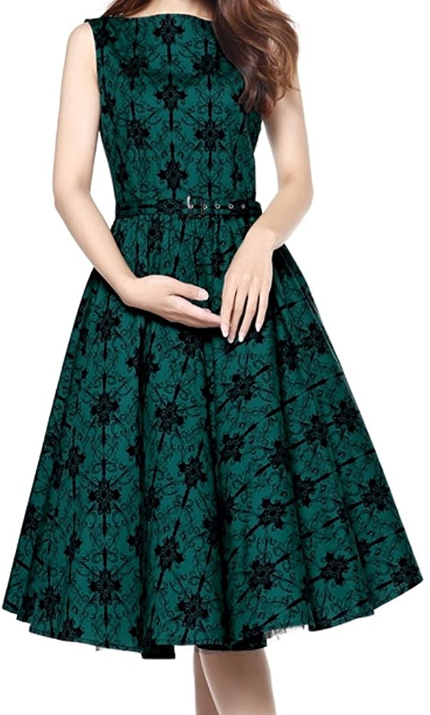 Price:$33.90 (XS-MD) Date Night - Green w Black Print 30s 40s Cotton Retro Pin-up Swing Dress at Amazon Women’s Clothing store