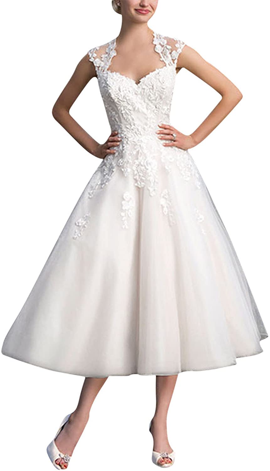 Price:$0.00 Women's Tea Length Sweetheart Wedding Dress Lace Cap Sleeves Bridal Gown WD05 at Amazon Women’s Clothing store