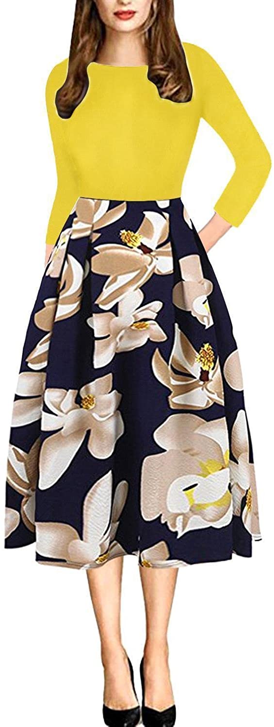 Price:$23.99 MisShow Women's Vintage Floral Print Puffy Swing Work Wear Casual Party Dress at Amazon Women’s Clothing store