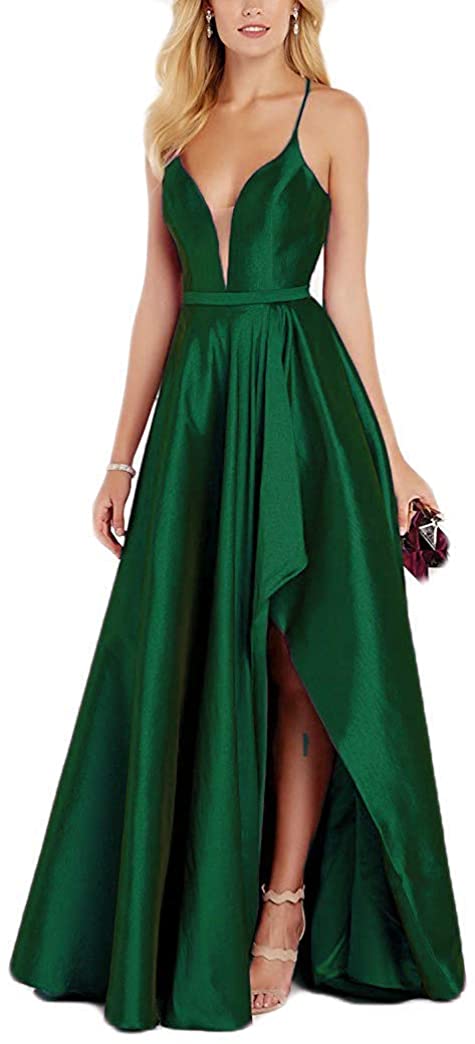Price:$69.99 liangjinsmkj V Neck High Low Prom Dresses Long Slit Taffeta Formal Bridesmaids Evening Gown at Amazon Women’s Clothing store