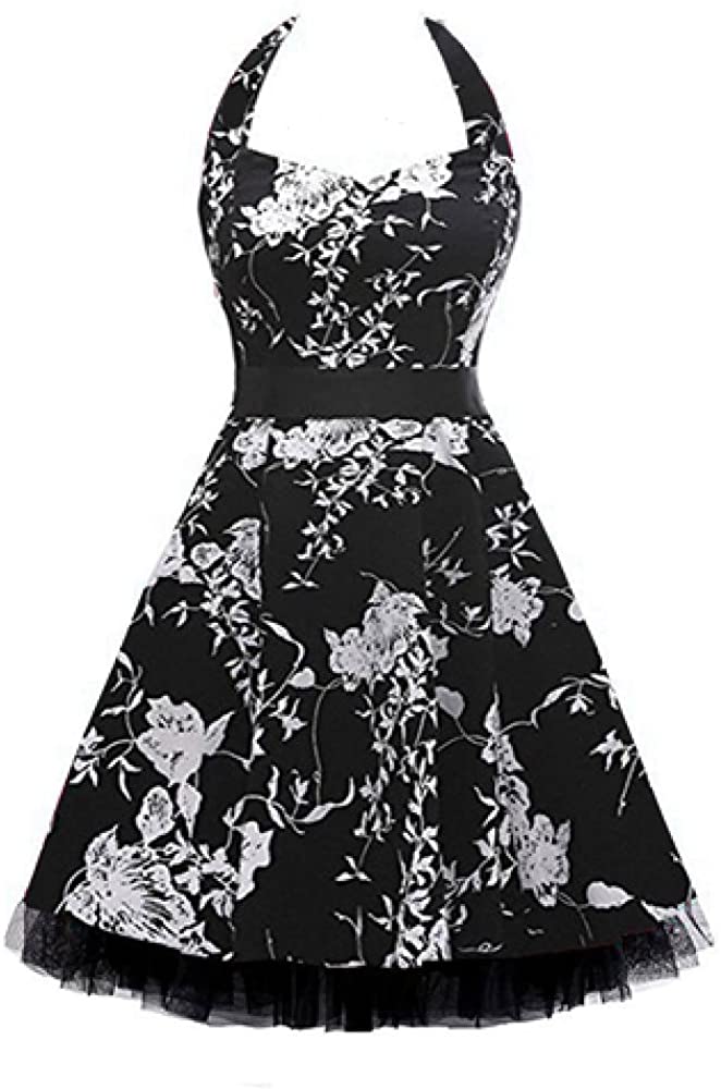 Price:$0.00 NDJqer Women's Vintage Black 1950s Halter Rockabilly Cocktail Ball Party Swing Dress with Sash at Amazon Women’s Clothing store