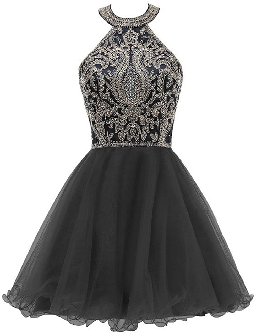 Price:$68.90 Huifany Short Halter Top Prom Gold Lace Beaded Homecoming Dress Cocktail Party Gowns at Amazon Women’s Clothing store