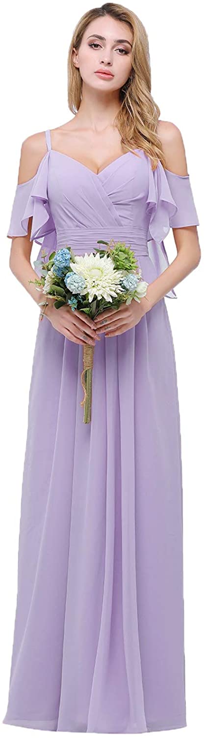 Price:$69.99    CLOTHKNOW Chiffon Bridesmaid Dress Long Girls Women Junior Shoulder Ruffles Wedding Gown  Clothing