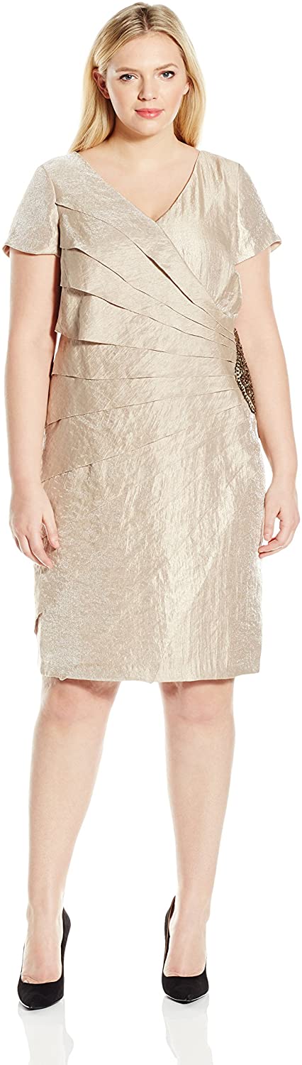 Price:$90.31    London Times Women's Plus Size Cap Sleeve V Neck Sheath Dress, Sand Dollar, 22W  Clothing