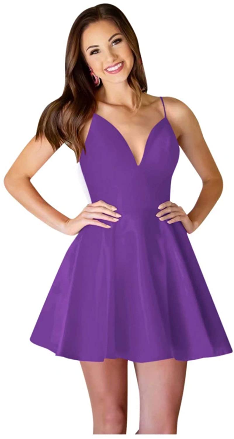 Price:$69.00    LeoGirl Women's Straps V-Neck Dress For Juniors Short Satin Prom Party Dress  Clothing
