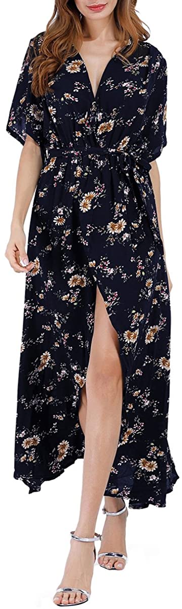 Price:$14.99 Womens Summer Floral Print Chiffon Loose Maxi Dress Sexy Deep V Neck Split Beach Party Dress at Amazon Women’s Clothing store