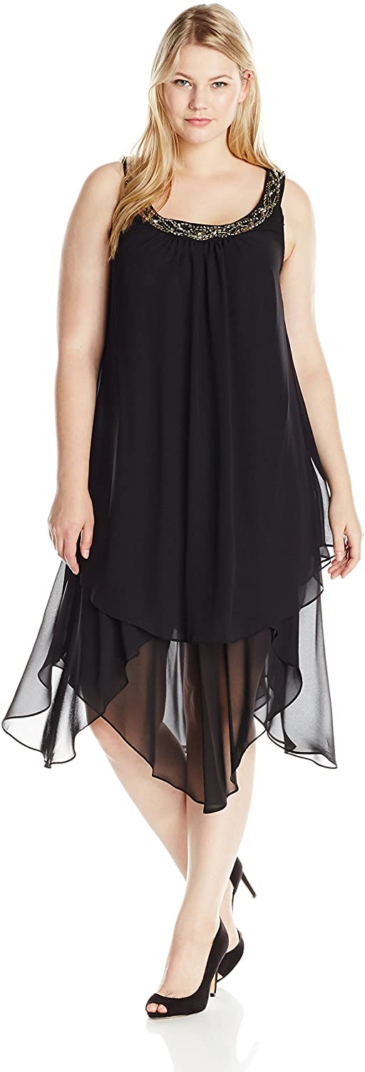 Price:$86.40    S.L. Fashions Women's Plus Size Beaded Neck Hanky Hem Dress  Clothing