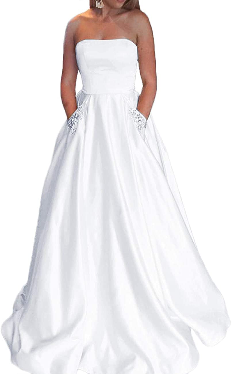 Price:$74.61 Libaosha Satin Strapless Gowns With Pockets Lace Up Back Prom Dresses Long at Amazon Women’s Clothing store