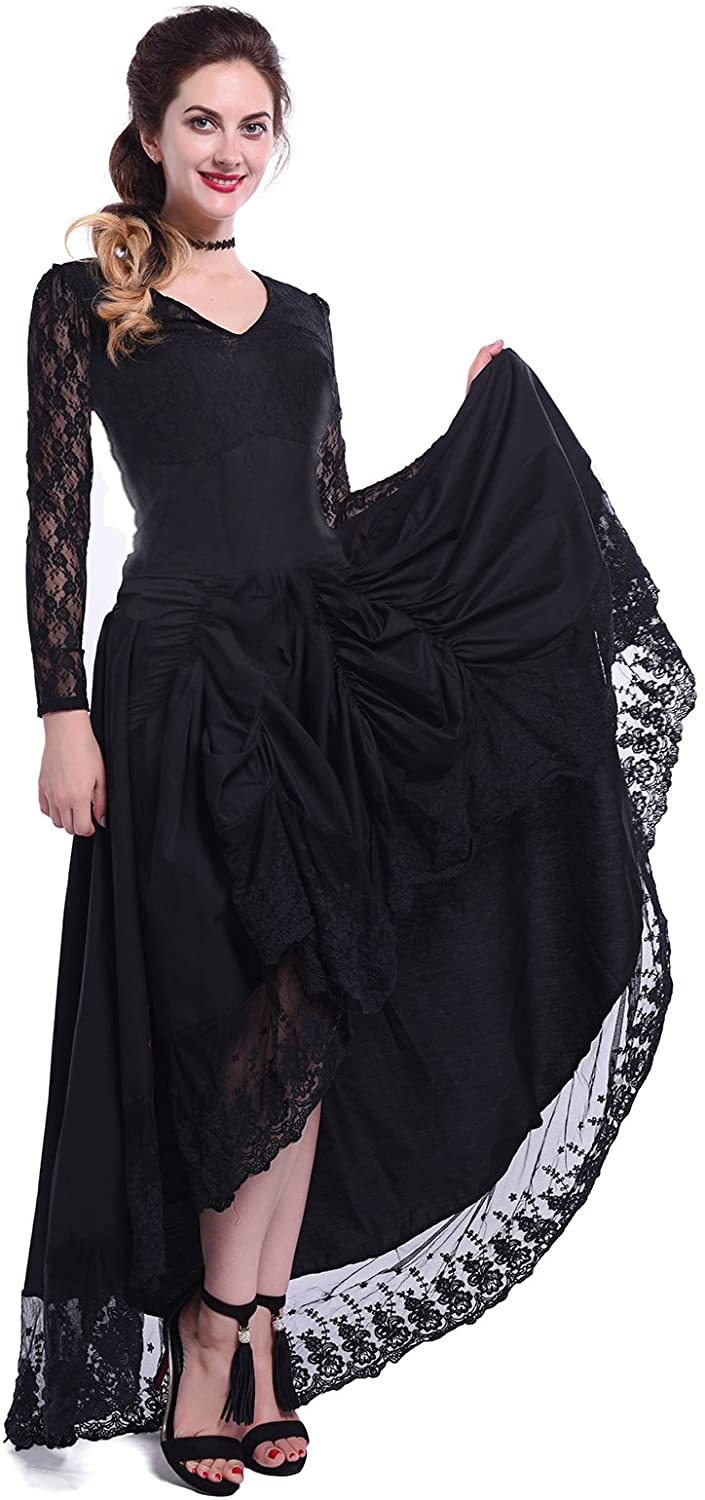 Price:$25.99    NSPSTT Women's Steampunk Victorian Dress Gothic Ruffled High Low Floral Lace Dress Halloween Costume  Clothing