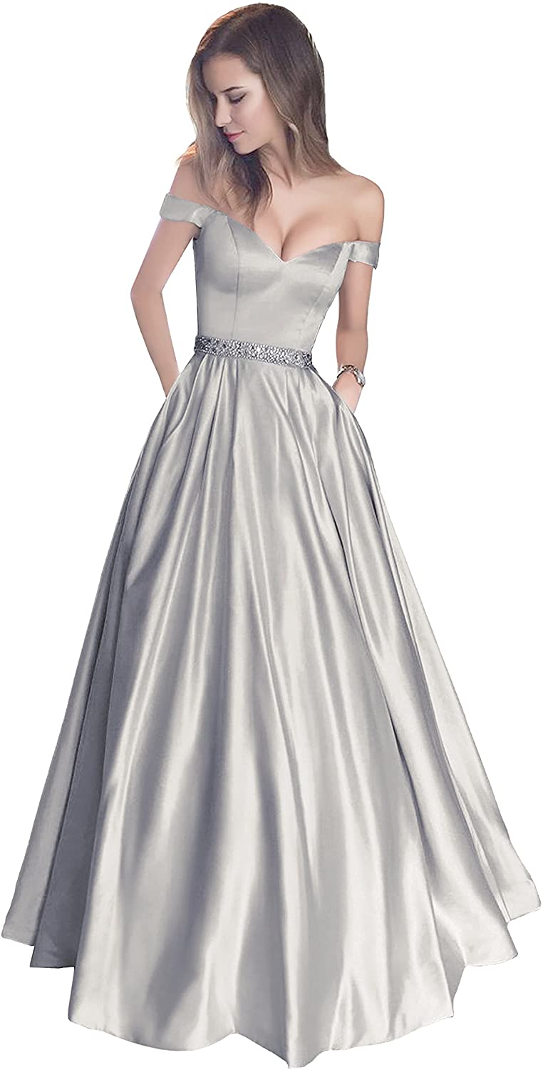 Price:$50.00 Harsuccting Off The Shoulder Beaded Satin Evening Prom Dress with Pocket at Amazon Women’s Clothing store