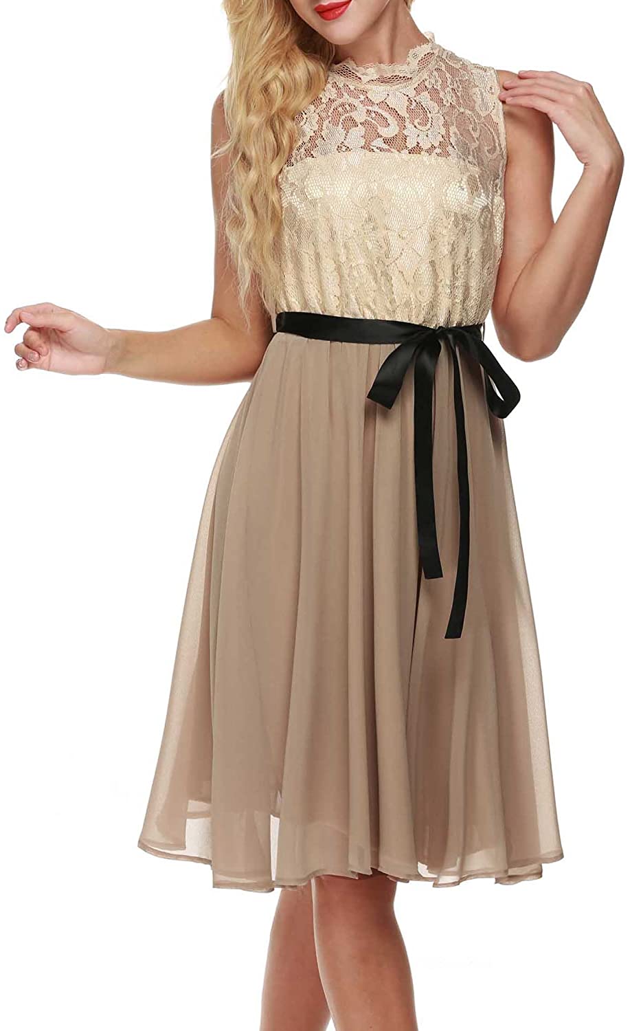 Price:$7.99 Meaneor Women's A-Line Sleeveless Lace Cocktail Party Prom Dresses with Belt at Amazon Women’s Clothing store