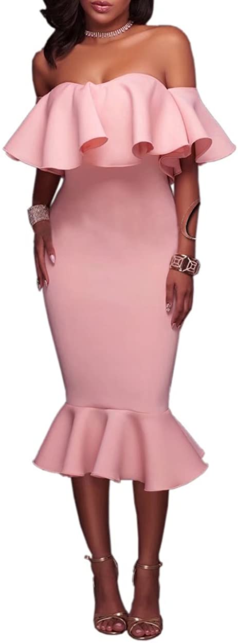 Price:$15.99    FOUNDO Women's Off Shoulder Ruffle Evening Party Club Bodycon Mermaid Midi Dress  Clothing