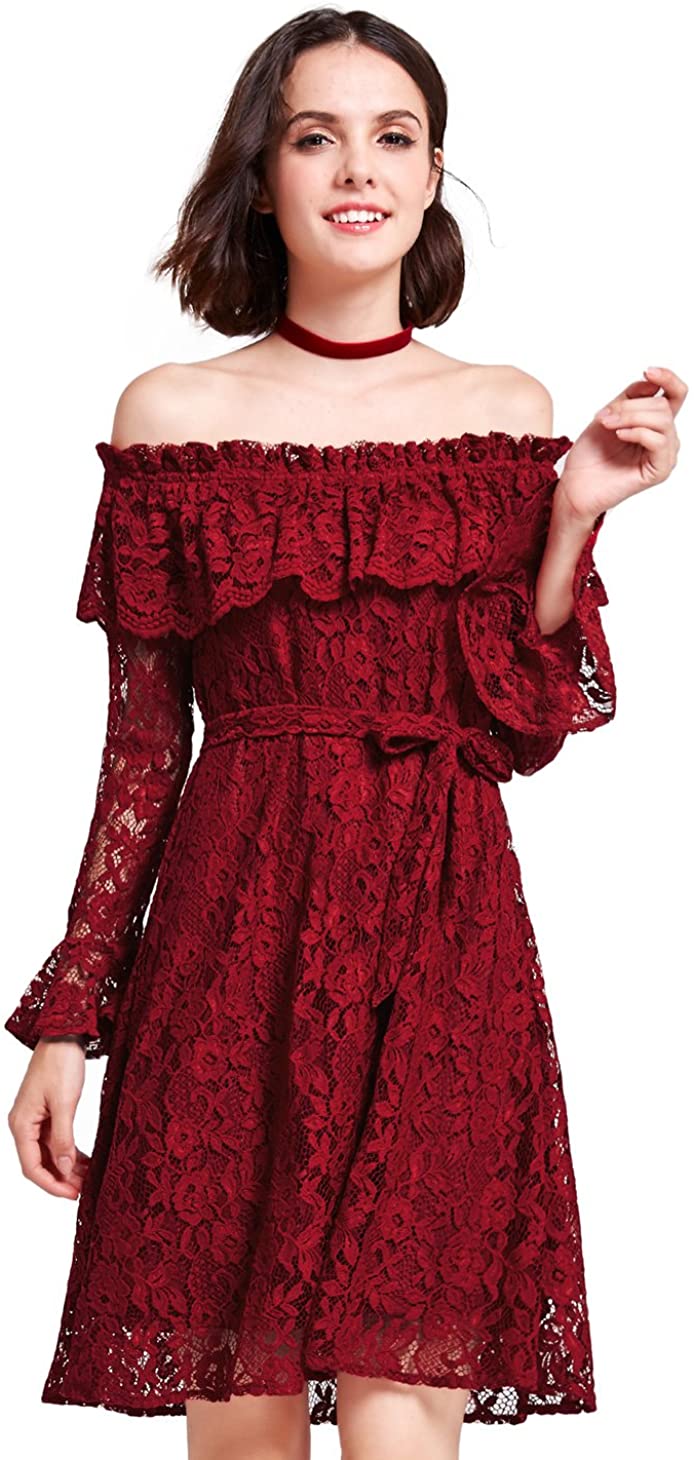Price:$15.99    Alisapan Sweetheart Neckline Short Lace Fit and Flare Retro Dress 05803  Clothing