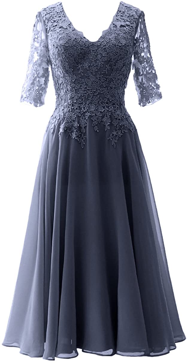 Price:$119.00 MACloth Women Tea Length Mother Bride Dresses 3/4 Sleeves V Neck Wedding Guest at Amazon Women’s Clothing store