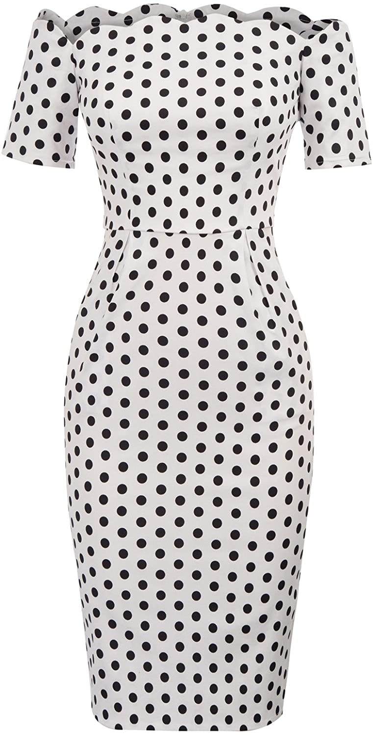 Price:$0.00    Women's 1960s Retro Vintage Off Shoulder Polka Dots Stretchy Bodycon Pencil Dress White Size XL BP742-2  Clothing