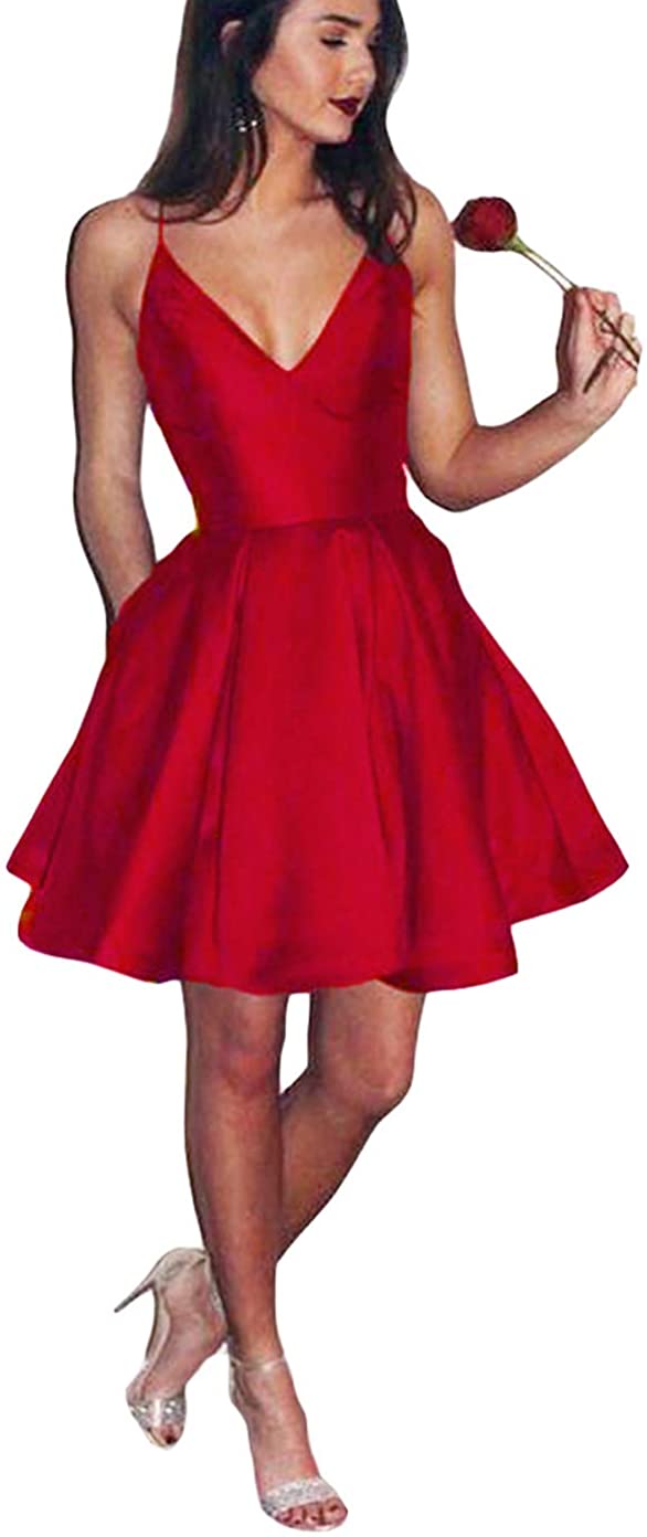 Price:$59.00    Elleybuy Short Spaghetti Straps Homecoming Dress with Pockets V-Neck Cocktail Party Gown US24W Red  Clothing