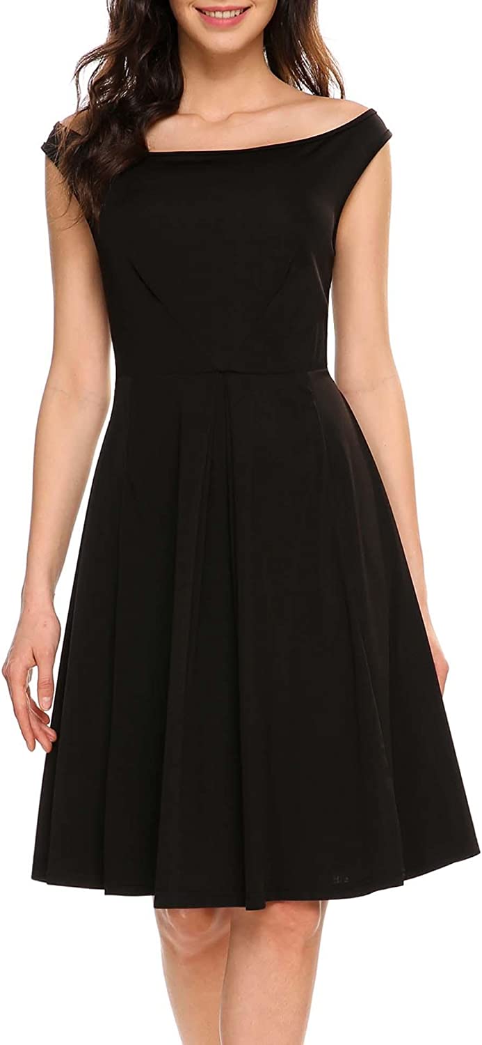 Price:$27.98 ANGVNS Women Casual Boat Neck Fit and Flare Business Cocktail Midi Dress at Amazon Women’s Clothing store
