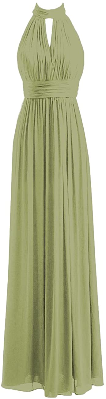Price:$64.99 Bridesmaid Dresses Long Prom Dress Chiffon Halter Evening Gowns Pleat Wedding Party Dress at Amazon Women’s Clothing store