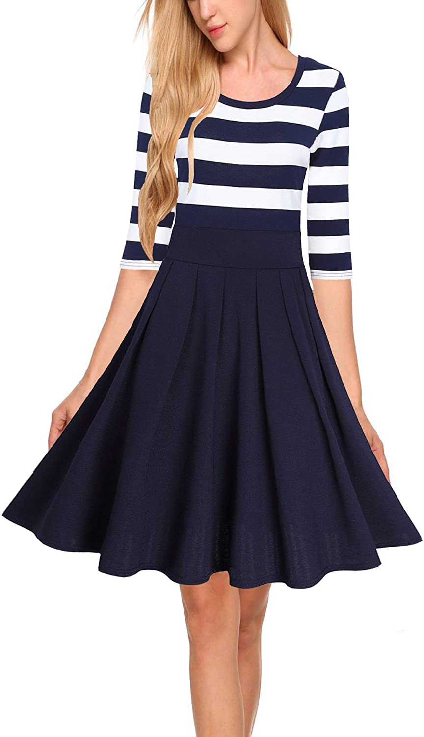 Price:$20.79 HiQueen Women's A-line Pleated Stripes Swing Cocktail Dress at Amazon Women’s Clothing store