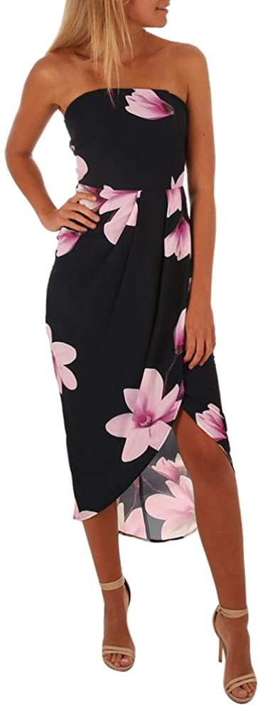 Price:$2.98 Womens Dresses Sexy Ladies Off Shoulder Floral Printed Split Bow Tie Back Boho Dress Beach Summer Sundrss Maxi Dress at Amazon Women’s Clothing store