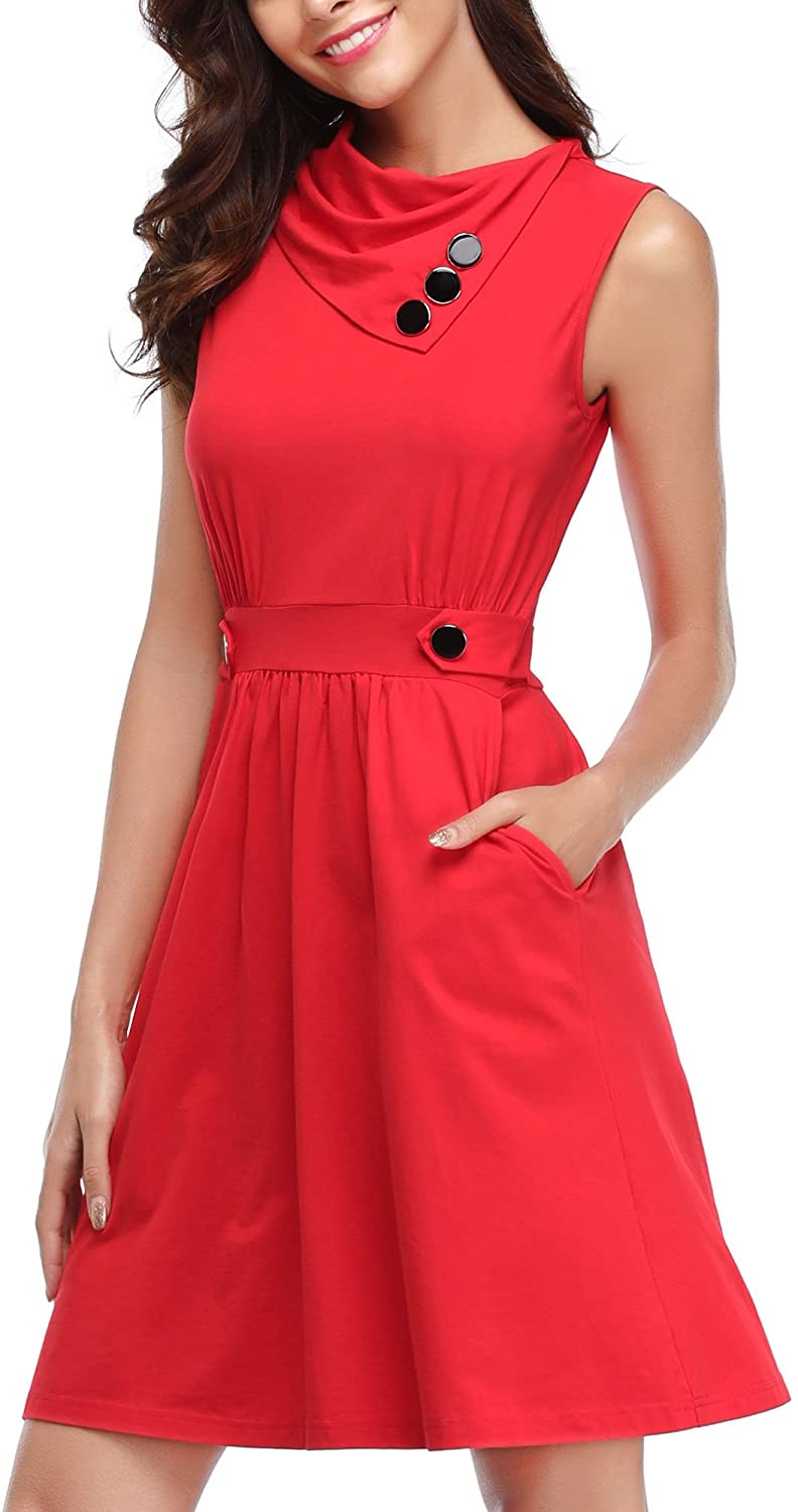 Price:$24.99 HUHOT Women's Sleeveless Cowl Neck Summer Casual Flared Midi Tank Dress with Pocket at Amazon Women’s Clothing store
