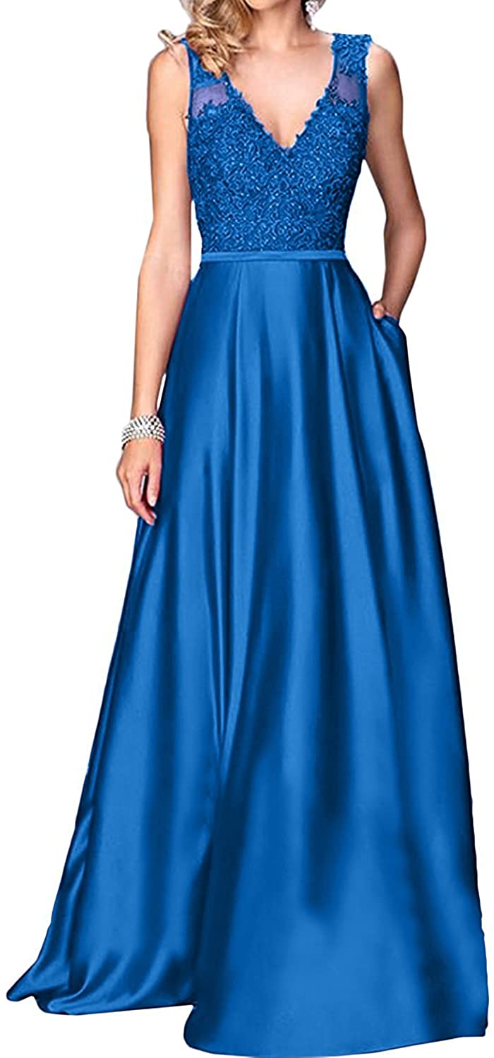 Price:$85.90    Little Star Women's Long Satin Prom Dresses 2019 V Neck Evening Gown A Line  Clothing
