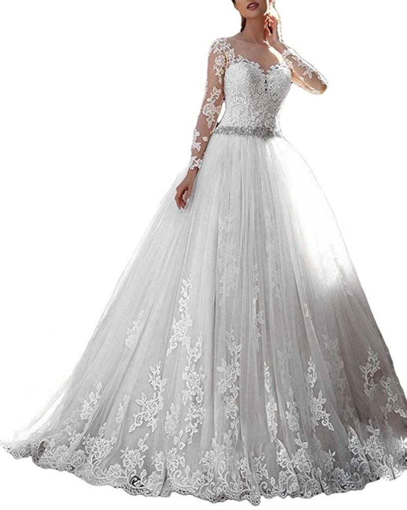 Price:$145.00 Thrsaeyi Women's 2019 Lace Wedding Dresses Bridal Gowns Long Sleeves Ball Gowns at Amazon Women’s Clothing store